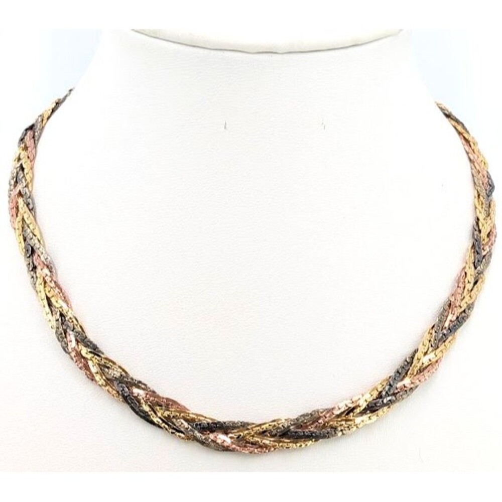 Korea Signed Necklace Braided Multi Strand Gold Silver Rose Tone 18in Textured